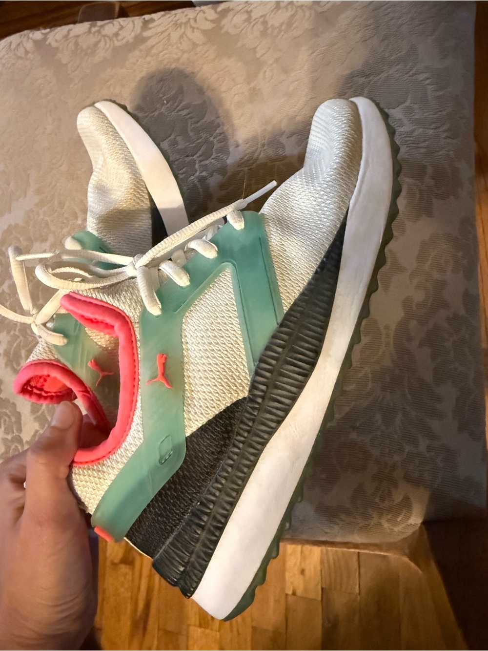 Puma White Sneakers with Mint Cage and Coral Pink Lining
